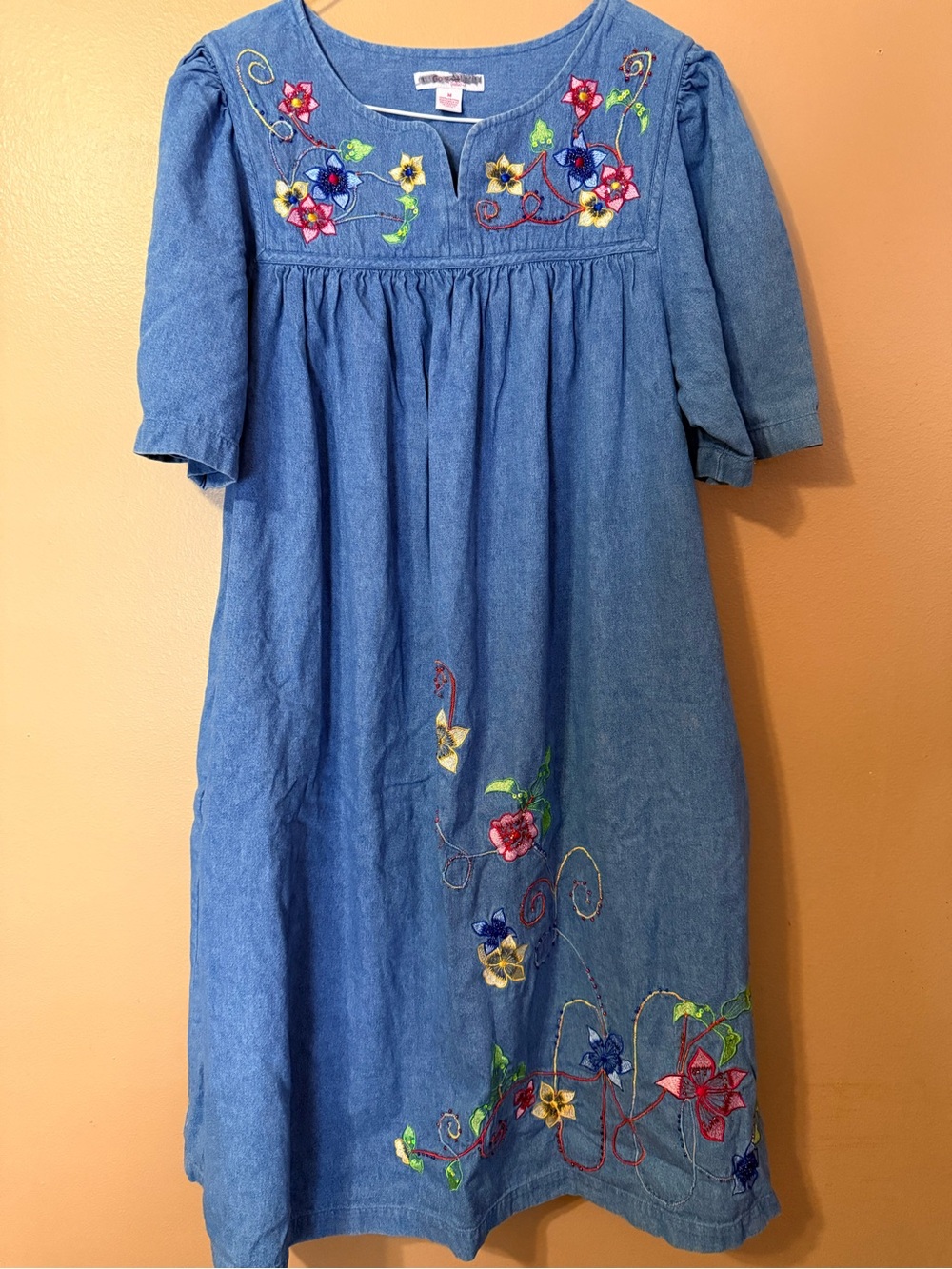 Embroidered Blue Denim Nightgown – Floral Detail